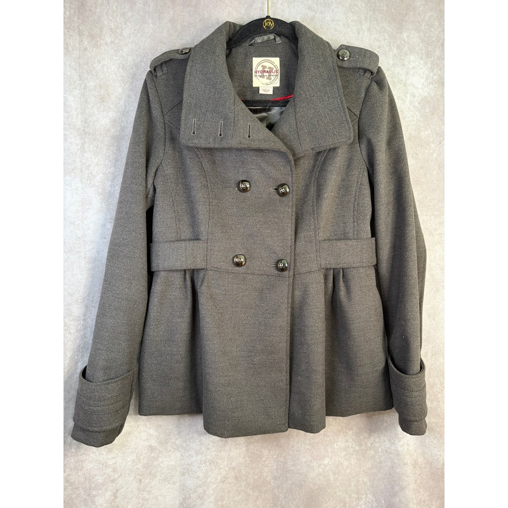Hydraulic Peacoat Jacket Women Large Gray Double Breasted Military Peplum